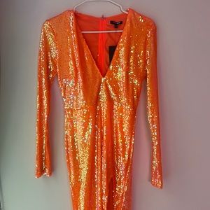 Fashion Nova Orange Sparkly Dress with slit